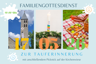 Auferstehungskirche li, Taufkerze mi, Picknickdecke re